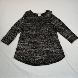 Chico’s Sequin 3/4 Sleeve Knit Sweater Womens 1P Black Gold Cold Shoulder